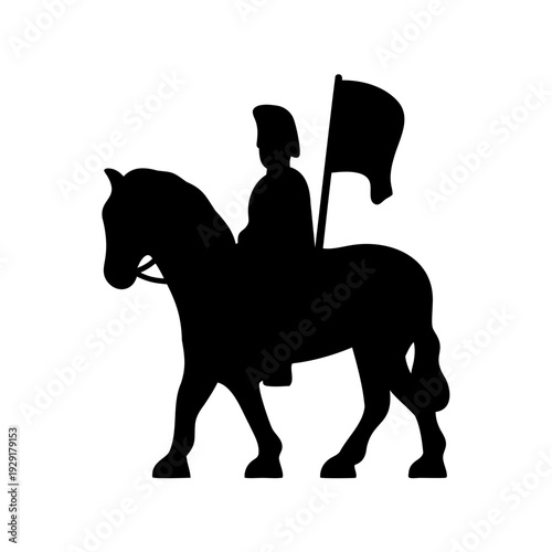 Monochrome Silhouette of Medieval Knight on Horseback with Flag, Symbolic Image