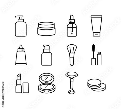 spring skincare and makeup routine. Line outline icon set of spring skincare and makeup routine: cleanser