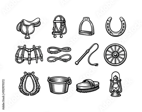Antique horse equipment engraving. Line outline icon set of Antique horse equipment engraving: saddle, bridle,