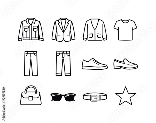 minimal wardrobe staples outline set. Line outline icon set of minimal wardrobe staples outline set: denim