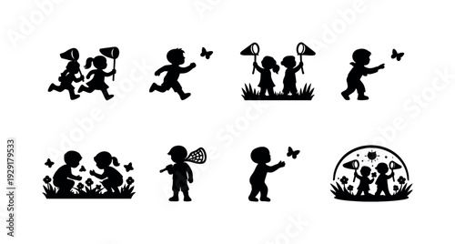 Kids butterfly chase outline set. Filled icon set of Kids butterfly chase outline set: pair of children with