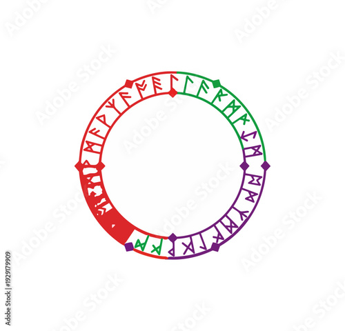 Circular design with runes and colors on black background