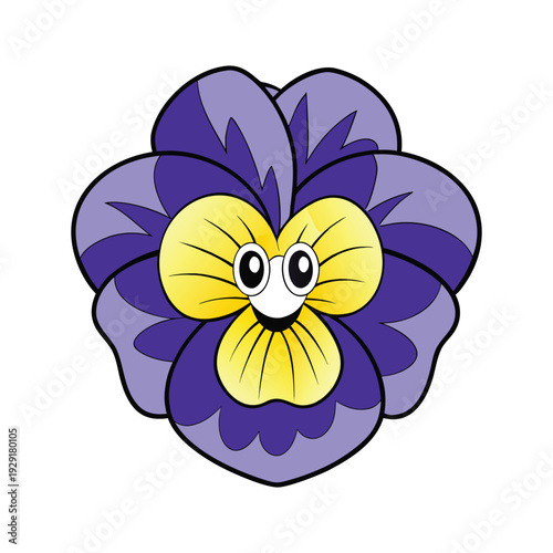 Vector illustration of a yellow and purple pansy flower with soft petals and leaves in a spring floral design style