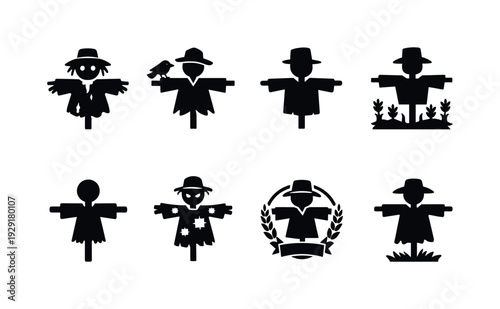 Countryside scarecrow outline collection. Filled icon set of Countryside scarecrow outline collection: rustic