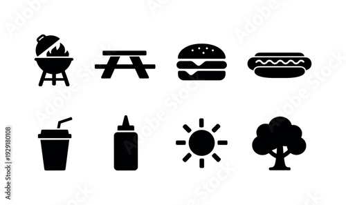 Outdoor BBQ Picnic Pattern. Filled icon set of Outdoor BBQ Picnic Pattern: barbecue grill, picnic table,