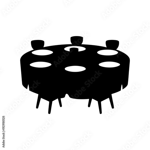 Black silhouette of a dining table set for guests with a tablecloth