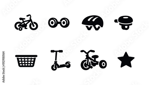 Kids Bike Pattern. Filled icon set of Kids Bike Pattern: kids bicycle, training wheels, helmet, bell, basket,