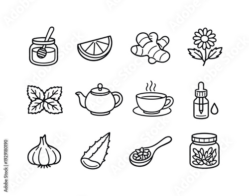 Natural Remedies Icons. natural remedies concept. Line outline icon set of natural remedies concept: honey jar