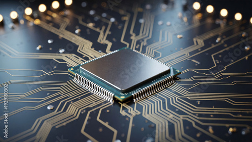 Close up view of a microchip cpu on a circuit board showing gold connections and digital hardware technology