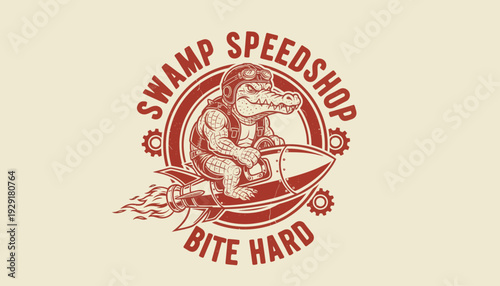 Alligator Riding Boat Swamp Speedshop Illustration.