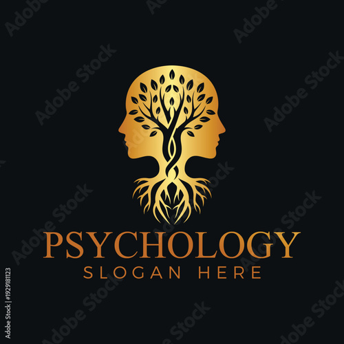 Golden psychology logo with tree growing from human heads