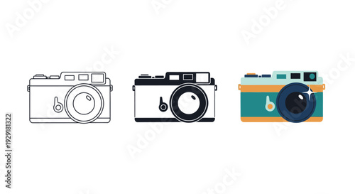 A collection of charming vintage camera vector graphic illustrations presented as digital stickers, showcasing outline, solid, and colorful design variations for diverse creative projects.