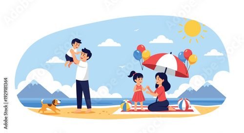 Happy family enjoying a sunny day at the beach with kids playing with balloons and an umbrella while their dog runs on the sandy shore.