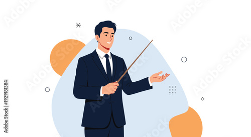 Professional man in a dark suit holding a wooden pointer stick and gesturing towards a background of soft blue and orange abstract shapes.