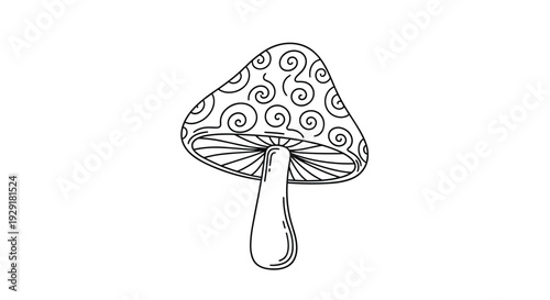 Decorative line art drawing of a single mushroom featuring intricate spiral patterns on its cap against a plain white background.