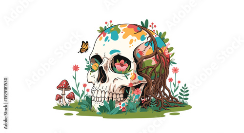 Artistic human skull overgrown with colorful flowers mushrooms and tree roots with a monarch butterfly perched on its side.