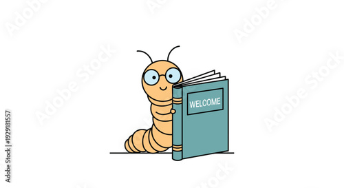 Cute cartoon bookworm wearing glasses smiling warmly while peeking out from behind a large blue book with the word welcome on it.