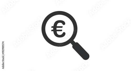 Simple vector graphic illustration depicting a magnifying glass focusing closely on the currency symbol for the Euro for financial search concepts