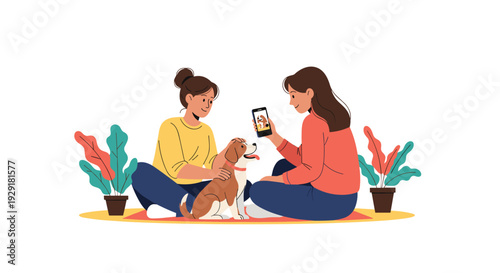 Two young women sitting on the floor at home playing with a beagle dog and taking a photo with a smartphone while relaxing in the living room.