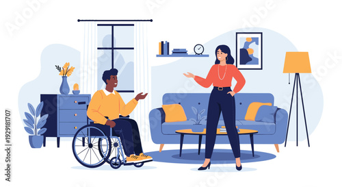 Young man sitting in a wheelchair engaged in a friendly conversation with a woman in a modern and comfortable living room setting.