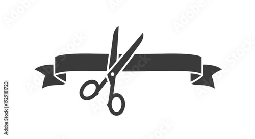 Simple vector graphic illustration depicting black scissors actively cutting across a dark banner ribbon in a celebratory event design.