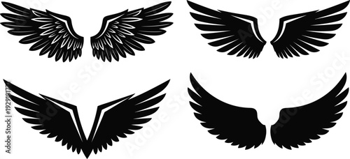 Angel wings silhouettes collection, black vector illustration set of spread feathered wings isolated on white background for tattoo and logo design