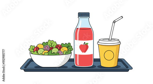 Balanced healthy meal served on a tray featuring a fresh vegetable salad bowl a bottle of apple juice and a cup with a straw.
