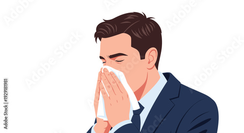 Profile view of a professional man in a suit sneezing or blowing his nose into a white tissue representing illness or seasonal allergy.