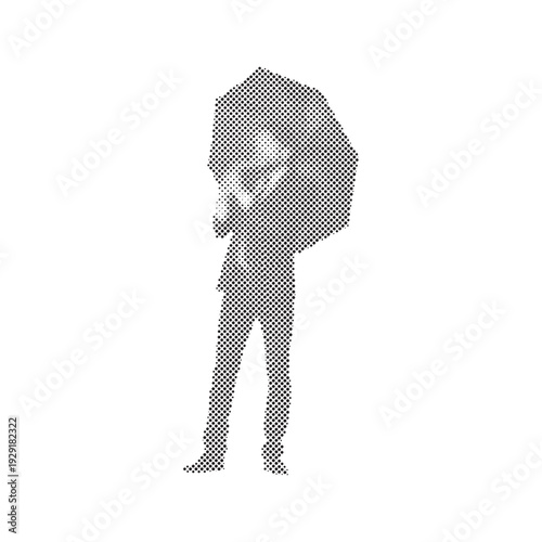 Person Walking Under Umbrella for Rain Protection in Halftone Style