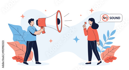 Man shouting through a large megaphone towards a woman who is gesturing for silence and has a no sound speech bubble.