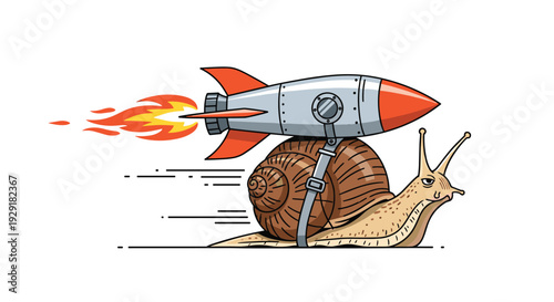 Humorous illustration of a slow snail moving forward with a powerful silver rocket engine strapped to its brown shell.