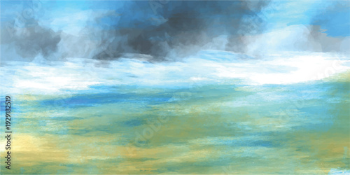 An abstract watercolor landscape captures the beauty of a bright blue sky and sunlit clouds reflecting over a grunge nature horizon where the summer sea waves meet heaven