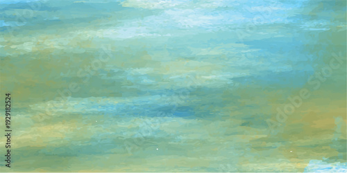 An abstract watercolor landscape captures the beauty of a bright blue sky and sunlit clouds reflecting over a grunge nature horizon where the summer sea waves meet heaven