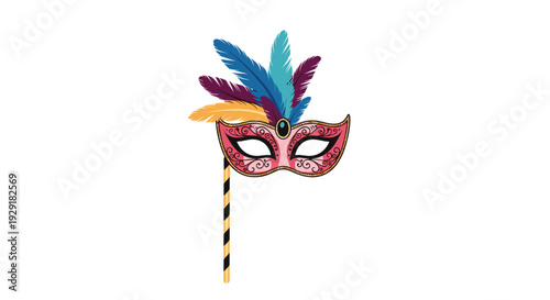 Elegant Venetian masquerade mask decorated with intricate pink and gold patterns and colorful feathers on a striped stick over a white background.