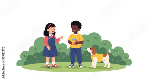 Diverse children playing together with a colorful ball in a green park with bushes and a friendly dog wearing a yellow shirt.