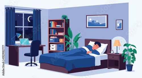 Peaceful scene of a man sleeping in his bed at night with a starry moonlit view through the window and a desk with a laptop nearby.