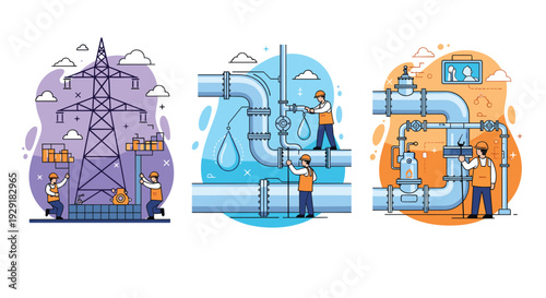 Industrial workers performing maintenance and operations on electric power grids and large pipeline systems in a clean flat illustration style.