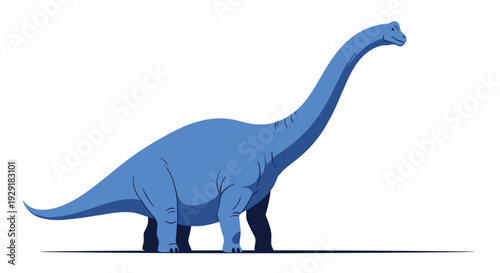 Simple side view illustration of a large blue Brachiosaurus dinosaur with a long neck and tail walking on a plain white background.