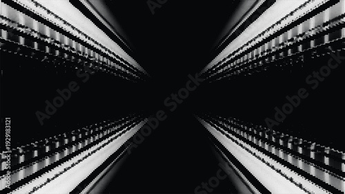 Abstract geometric tunnel perspective with black and white halftone dots creating a dizzying optical illusion for backgrounds