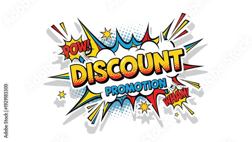 Discount Promotion Sale Event Graphic With Comic Book Style Explosion, Pow! Wham! Speech Bubbles, Bold Yellow and Red Text
