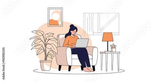 Comfortable scene of a young woman sitting in a plush armchair and working on her laptop in a cozy home office or living room.