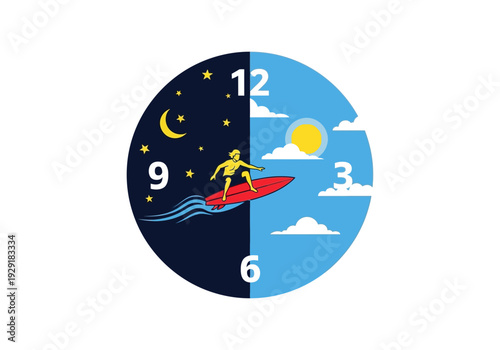 Surfer riding clock face representing day and night activity