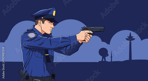 Serious police officer in a blue uniform and cap aiming a handgun against a dark blue background with city silhouettes and spotlights.