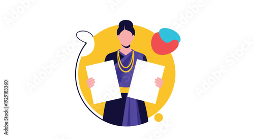 Elegant Indian woman dressed in a purple and black sari holding two blank white sheets of paper against a yellow circular background.