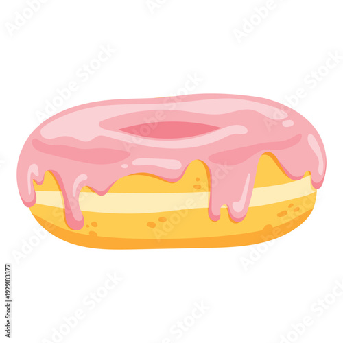 Flat vector illustration pink strawberry glazed donut, cute dessert isolated on white background for menu and food blog design.