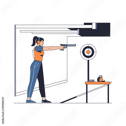 Woman shooting pistol at target in indoor range, focus and precision