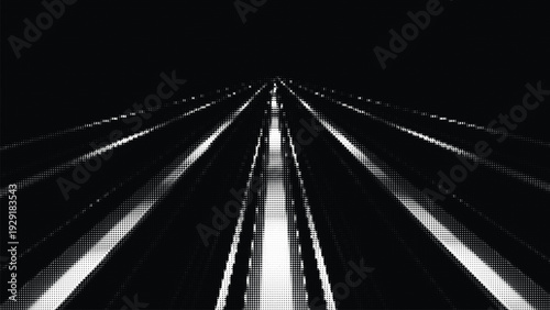 Perspective view of a road or pathway constructed from white and halftone dots on a black transparent background creating depth