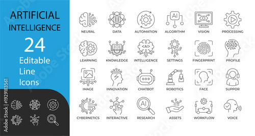 Artificial Intelligence and Machine Learning line icon set. Contains symbols for neural networks, robotics, data, and automation. Vector design for tech presentations and UI,UX.