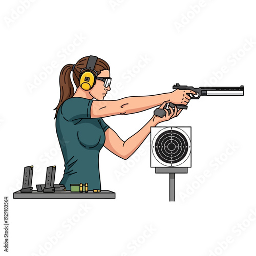 Woman shooting pistol at target range, holding firearm, wearing ear protection