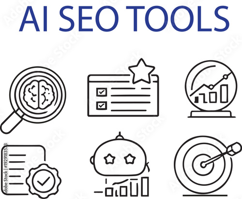 AI SEO Tools Line Icon Set for Digital Marketing, Analytics and Optimization